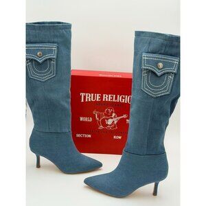 TRUE RELIGION Cookie Denim Knee High‎ Boots Womens 9 Blue Jean Stiletto Heel
